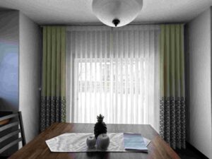 Vertical Sheers with Decorative Panels in front of a Desk in Calgary